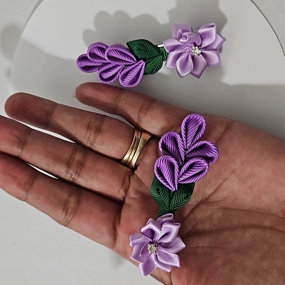 Hand Crafted Purple Barrette Hair Clip Floral Ribbon flowers purple 2- Piece set - Picture 13 of 16